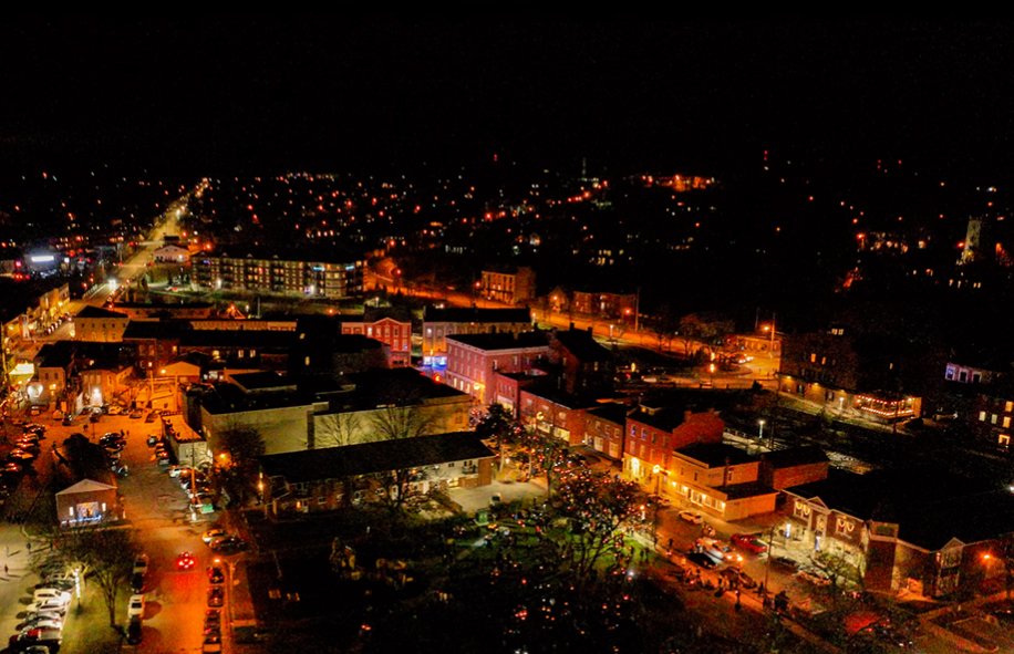 Aerial view of downtown Port Hope at night